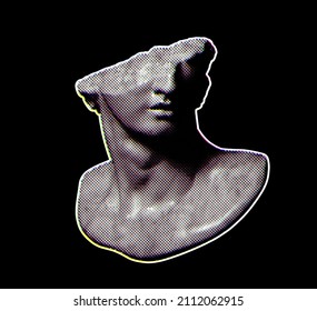 Vector CMYK offset print effect in dot halftone broken classical style head sculpture fragment from 3d rendering isolated on black background.