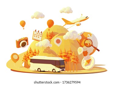 Vector coach bus travel summer journey illustration. Tour bus road trip. Road between mountains with pine trees, hot air balloons. Summer vacation and tourism in tourist bus