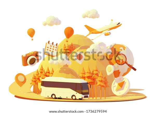 Vector coach bus\
travel summer journey illustration. Tour bus road trip. Road\
between mountains with pine trees, hot air balloons. Summer\
vacation and tourism in tourist\
bus