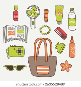 Vector coastal resort collection illustration with bag, bottle of water,sunscreen, beach stuff, book, exotic flower, sunglasses, brush and hairpins. Coastal resort set.
What in woman's beach bag.