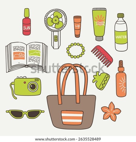Vector coastal resort collection illustration with bag, bottle of water,sunscreen, beach stuff, book, exotic flower, sunglasses, brush and hairpins. Coastal resort set.
What in woman's beach bag.