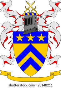 Vector Coat of arms, armorially correct generic illustration, with blank ribbon for motto.  Crest and heraldic charges emblazoned on the shield are generic and may be replaced as desired.
