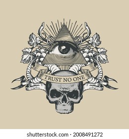 Vector coat arms and Masonic symbol All  seeing eye God  grapes  rams horns   human skull beige background  Retro  style banner and eye Providence   inscription Trust no one