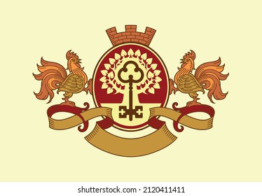 Vector coat of arms with an oval frame and an image of a tree and a key held by two roosters surrounded by banners with a tower in the form of a crown at the top 