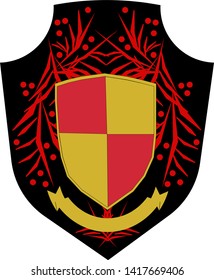 Vector coat of arms, red and yellow elements black background. Heraldic emblem