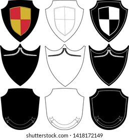 Vector coat of arms set, yellow gold and red elements, black background. Heraldic emblem, signs. arms, heraldic logos, shields.