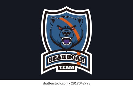 Vector coat of arms. Shield, ribbon with inscription and head of angry, growling bear. Sports team emblem. Bearish sticker. Bear roar. Fierce enraged terrifying wild animal. Fangs, teeth. Beast growl