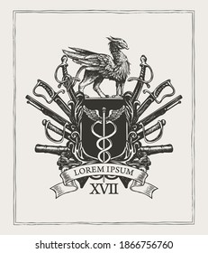 Vector coat of arms in vintage style with a caduceus on a knightly shield, mythical griffin, sabres, cannons and ribbon. Black and white pencil-drawn illustration, heraldry, emblem, sign, symbol
