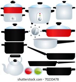 Vector of coated Pot and Pan : Cooking Utensils. A set of cute and colorful icon collection isolated on white background