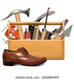 Vector Cobbler Toolbox with Brown Shoe isolated on white background