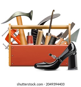 Vector Cobbler Toolbox With Female Black Shoe Isolated On White Background