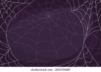 Vector cobweb background. Halloween purple decoration for web banner. Creepy design, white spider thread texture, insect trap.