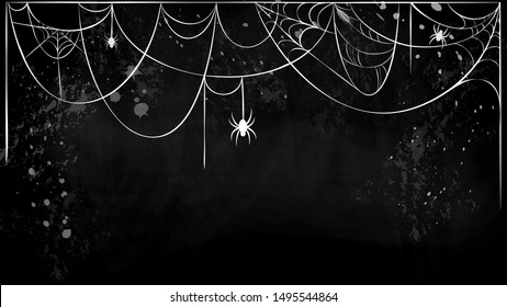 banner horizontal de tela vectorial con arañas colgantes sobre fondo negro. silueta de tela de araña rota blanca sobre pizarra negra. Tarjeta feriado de Halloween, planilla de pancarta con lugar para texto