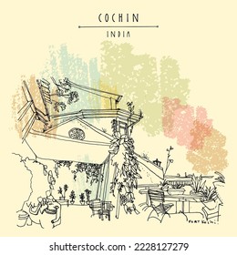 Vector Cochin (Kochi), Kerala, South India postcard. Seaside cozy cafe travel sketch drawing. Heritage building, tables  and tropical plants in the garden in Fort Kochi. Historical venue