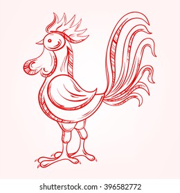 Vector Cock, Rooster, New Year 2017 symbol, hand drawn domestic farmer Bird, patterned illustration for tattoos with high details. Chicken, Cock sketch for print, t-shirt, post card.