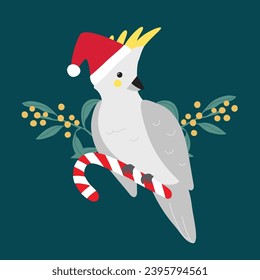 Vector Cockatoo Parrot Christmas Xmas Cute Cartoon Bird Tropical Australian Animals with Santa Hat and Wattle and Candy Cane