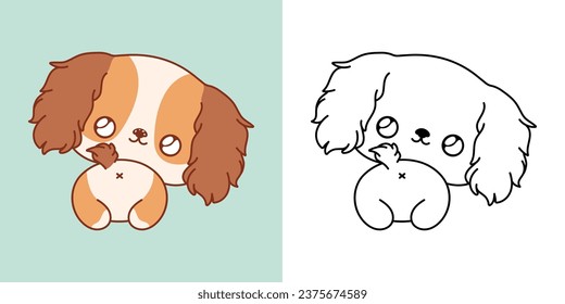 Vector Cocker Spaniel Puppy Multicolored and Black and White. Beautiful Clip Art Dog. Cartoon Vector Illustration of Kawaii Pet for Stickers, Prints for Clothes, Baby Shower. 