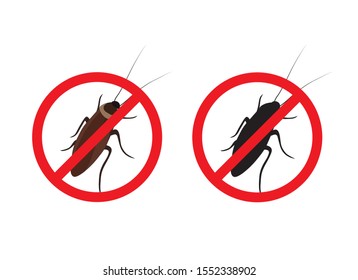 Vector Cockroach on a white background. hand-drawn. Silhouette of cockroach in prohibition sign. Icon of insect in red circle. Line graphic design.