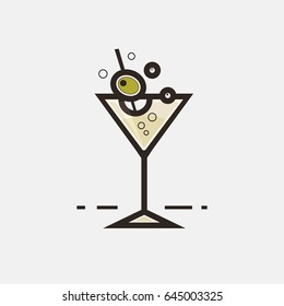 Vector cocktail concept. Glass with Martini and olive for white background. Element made in flat style for menu, posters, brochures for cafe, bar or restaurant.