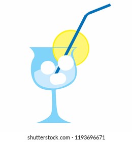 Vector cocktail glass with a slice of lemon and straw. Soft drink, cocktail, water, blue, yellow.
