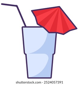 Vector cocktail glass with a tube and a cocktail umbrella for cocktails, shakes, juice, and other beverages in a bright outline style. Tableware for picnics, trips, outdoor activities
