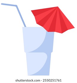 Vector cocktail glass with a tube and a cocktail umbrella for cocktails, shakes, juice, and other beverages in a bright flat style. Tableware for picnics, trips, outdoor activities, banquettes, public