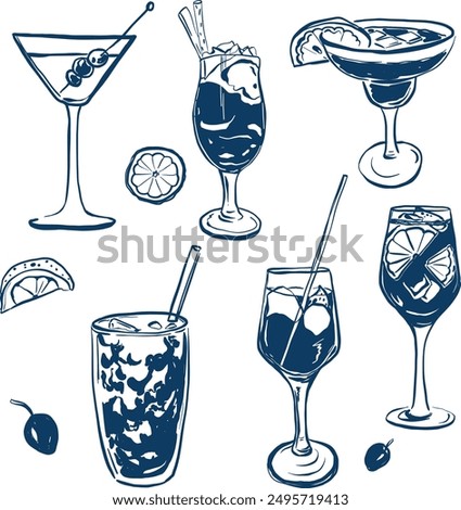 Vector cocktail glasses doodle set. Hand painted drink objects and elements isolated on white background. Illustration for design, print, fabric or background.