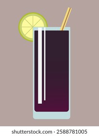 Vector cocktail icon with lime and cola. Fresh summer drink with a straw