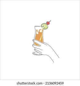 Vector Cocktail illustration, hand with Summer beach cold drink