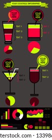 Vector cocktail infographic, set of cocktails in different glasses and proportions, descriptions. Fully editable forms and shapes.