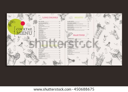 Vector cocktail menu design. Template with hand-drawn graphic. Flyer, brochure