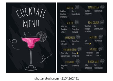 Vector cocktail menu for restaurants bars with cocktails price list and ingredients on black background. Printable template a4 a5