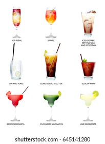 Vector cocktail menu, set of alcoholic cocktails isolated on white background