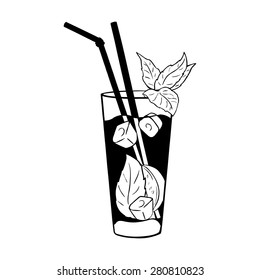 Vector Cocktail Mojito with Mint Leaves and Straws. Black and White Illustration.