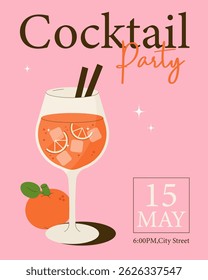 Vector cocktail party poster with orange drink in a glass, ice cubes, citrus slices, and text on pink background. Fresh and festive summer invitation design.