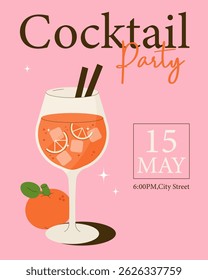 Vector cocktail party poster with orange drink in a glass, ice cubes, citrus slices, and text on pink background. Fresh and festive summer invitation design.