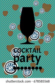 Vector cocktail party poster set. Silhouette of a glass on a fruit background. Composition with text