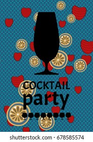 Vector cocktail party poster set. Silhouette of a glass on a fruit background. Composition with text