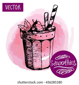 Vector. Cocktail smoothie sketch, hand painted on watercolor background. Lettering in a bowl. Pink