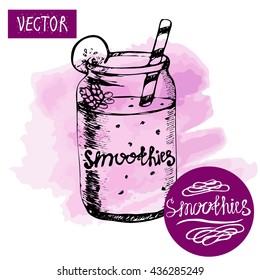 Vector. Cocktail smoothie sketch, hand painted on watercolor background. Lettering in a bowl. gentle Pink