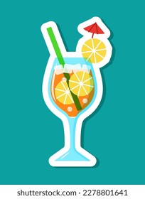 Vector cocktail sticker in cartoon style. Isolated orange juice in glass with citrus slices