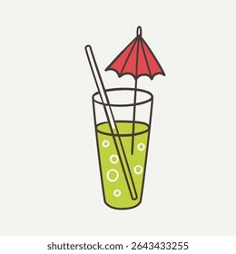 Vector cocktail with umbrella and straw, summer illustration of coastal resort vibe. Use as print, poster, element design, textile, label, sticker, tattoo.