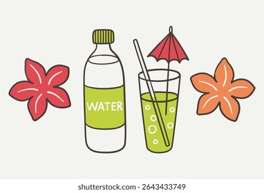 Vector cocktail with umbrella and straw, summer illustration of coastal resort vibe. Use as print, poster, element design, textile, label, sticker, tattoo.
