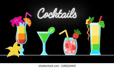 Vector cocktails with fruits on the table near neon 'Cocktail' sign on black background. Drinks collection in cartoon style