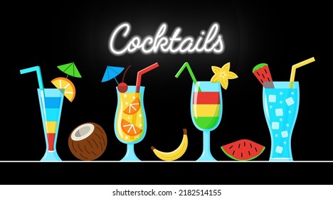 Vector cocktails with fruits on the table near neon 'Cocktail' sign on black background. Drinks collection in cartoon style