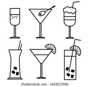 Vector of cocktails icon set. Alcohol drinks icons. Champagne, margarita cocktail, pina colada, martini, long drink.