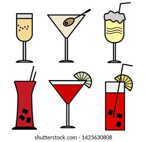Vector cocktails icon set. Colorful icons. Drinks icons. Alcohol glasses. Bar concept.