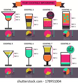 Vector cocktails infographic - set of 8 cocktails recipes, flat style