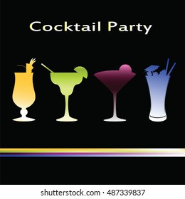 Vector cocktails menu. Margarita, Blue Hawaii, Pina Colada, Cosmopolitan on dark blue background