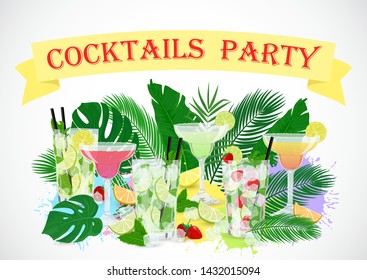 Vector Cocktails Party poster with summer cocktail set and palm leaves. Ready template with text, glasses of drinks and tropic leaves. Summer colorful background for social media, stories. Flyer card.